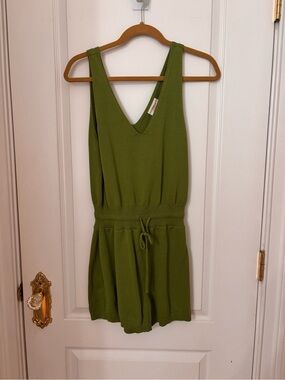 Daily Practice Anthropologie Green Knit Romper Deep V Drawstring Waist M